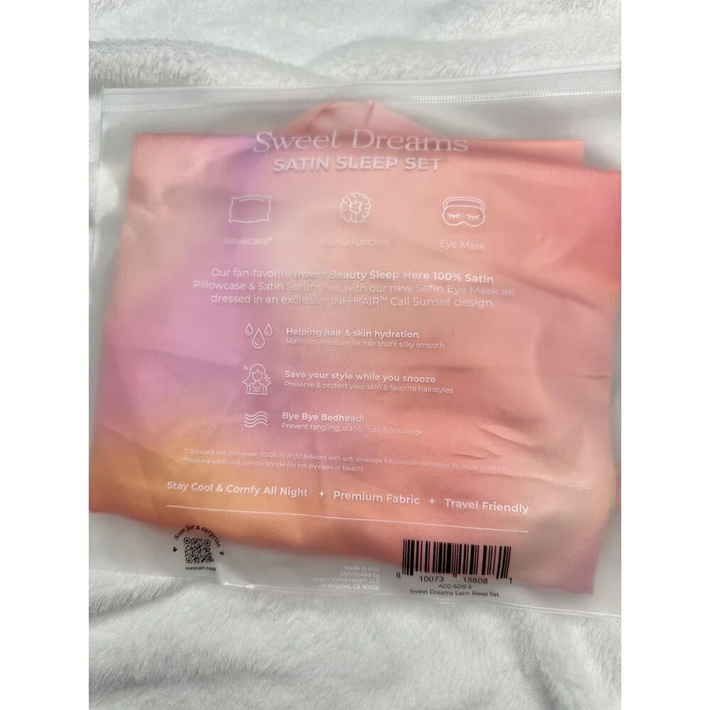 INH Sweet Dreams Satin Sleep Set Pillowcase Eye Mask Scrunchie Pink Orange New